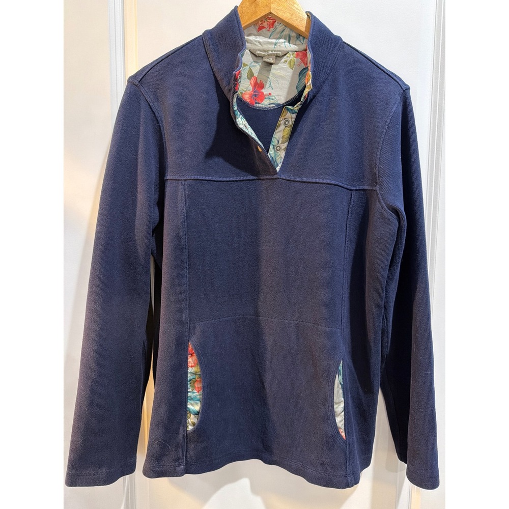 Tommy Bahama Navy Blue Floral Trim Snap Mock Neck Pullover Sweatshirt Large